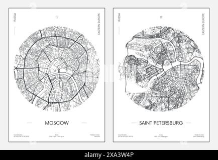 Travel poster, urban street plan city map Moscow and Saint Petersburg, vector illustration Stock Vector