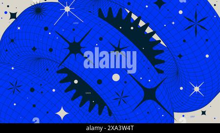 Abstract geometric background with 3d torus wireframes form graphic of geometrical shapes modern design, vector color Full HD composition in Y2k trend Stock Vector