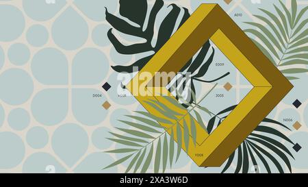 Abstract geometric background with 3d impossible geometrical shapes and exotic leaves, tropical plants, vector colorful Full HD composition in Y2k tre Stock Vector