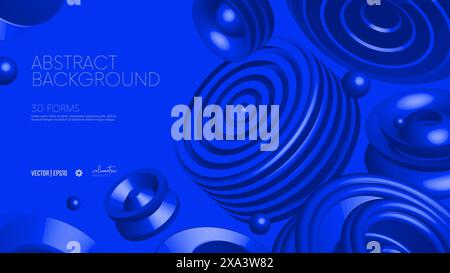 Realistic 3D vector shapes, flying abstract geometric volumetric blue different shapes in motion, futuristic composition on blue background for presen Stock Vector