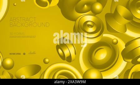 Realistic 3D vector shapes, flying abstract geometric volumetric yellow different shapes in motion, futuristic composition on blue background for pres Stock Vector