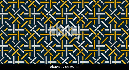 Abstract geometric seamless pattern, vector elegant color rhythmic repeating texture with white-yellow braided ornament on a dark background Stock Vector