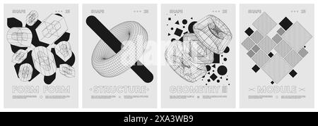 Strange wireframes extraordinary graphic assets of geometrical shapes modern design inspired by brutalism, geometric figures contemporary artwork, abs Stock Vector