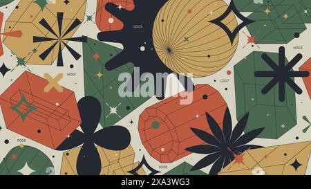 Abstract geometric background with 3d volume wireframe shapes, Volumetric forms in the style of brutalism, vector color Full HD composition in Y2k sty Stock Vector