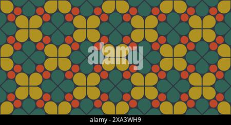 Abstract geometric seamless pattern, vector elegant color rhythmic repeating texture with floral ornament, green petals and red berries Stock Vector