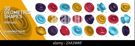 3D Rendering vector abstract geometric graphic elements for design, Collection of various volumetric realistic form, shapes inspired by brutalism, col Stock Vector