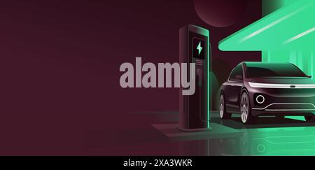 EV charge station for electric car in concept of green, Realistic vector electromobile charging station, renewable energy and eco power produced from Stock Vector