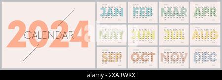 Monthly minimalistic vector calendar 2024 with week start Sunday, 12 pages with colored months, Work or business planner grid in horizontal design, En Stock Vector