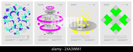 Unusual strange wireframes anti-design vector set posters inspired by brutalism, Shapes psychedelic contemporary composition artwork in Y2k trendy sty Stock Vector