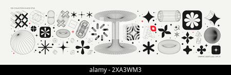 Vector graphic assets set in acid style, retro futuristic background with wireframe elements of different forms, bold modern shapes for design templat Stock Vector