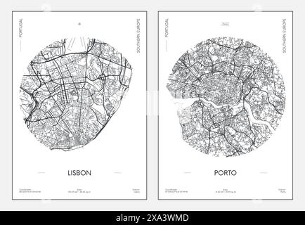 Travel poster, urban street plan city map Lisbon and Porto, vector illustration Stock Vector