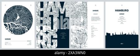 Set of travel posters with Hamburg, detailed urban street plan city map, Silhouette city skyline, vector artwork Stock Vector