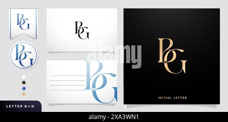 a set of business cards with the letter BG Luxury Initial Letters B and G Logos Designs in Blue Colors for branding ads campaigns, letterpress Stock Vector