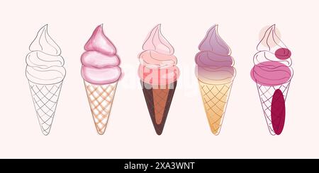 This image features a set of five ice cream cones in different stages of completion. The first cone is a simple outline, while the other cones are filled with various colors Stock Vector