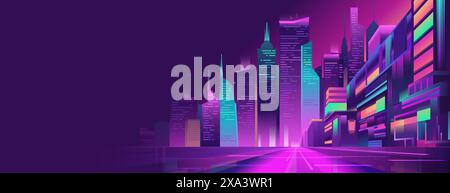 City night street with houses and buildings with glowing blue and violet neon lights, perspective view, Big city panorama architecture and skyscrapers Stock Vector