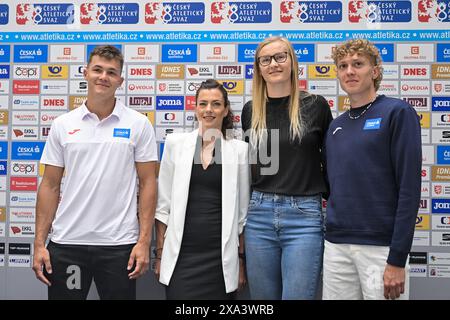 Prague, Czech Republic. 04th June, 2024. L-R Czech decathlete Vilem Strasky, Czech runner Kristiina Sasinek Maki, Czech high jumper Michaela Hruba and Czech runner Tomas Habarta pose during the press conference of the Czech Athletics Federation before the European Athletics Championships, in Prague, Czech Republic, on June 4, 2024. Credit: Vit Simanek/CTK Photo/Alamy Live News Stock Photo