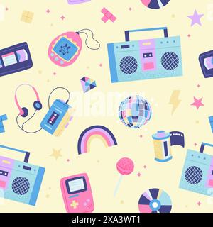 90s retro seamless pattern. Cute bright multicolor elements. on yellow background. Vector illustration in trendy flat style Stock Vector