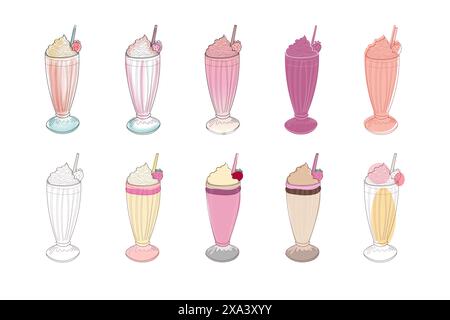 A collection of ten hand-drawn milkshake illustrations, featuring various colors and toppings. Stock Vector