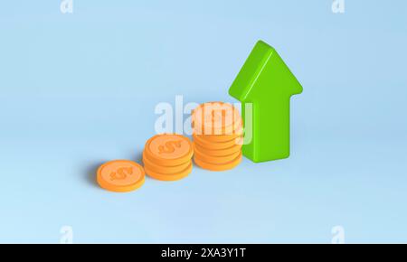 3D illustration of a green arrow pointing upwards beside stacked gold coins with dollar signs, symbolizing business growth and financial success. Stock Photo