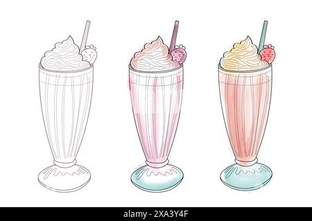 An illustration of three milkshakes, each with whipped cream and a strawberry on top. One milkshake is outlined, one is pink, and the other is peach. Stock Vector
