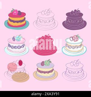 A set of nine colorful cakes, each with three layers and decorated with fruit and flowers. Stock Vector