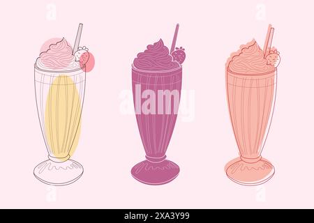 A line art illustration of three milkshakes with whipped cream and strawberries. The milkshakes are depicted in different colors and arranged in a row. Stock Vector