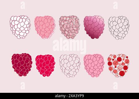 A collection of digital illustrations depicting different variations of raspberries, showcasing a range of colors and styles. Stock Vector