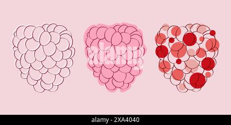 Three stages of a raspberry illustration, showing outline, filled, and shaded. Stock Vector