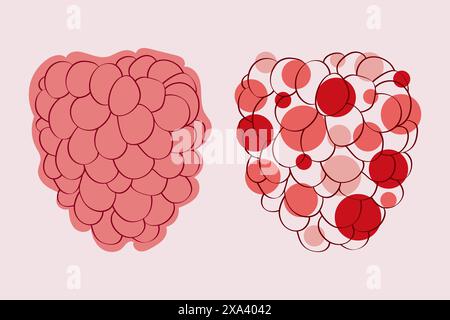 A simple line drawing of two raspberries, one with solid red coloring and another with red and white dots. Stock Vector