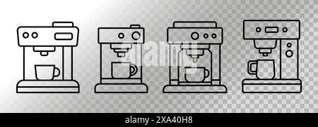 Four black linear icons of modern coffee makers with a cup. For social media logo, user interface, barista, cafe owner or coffee lover. Stock Vector