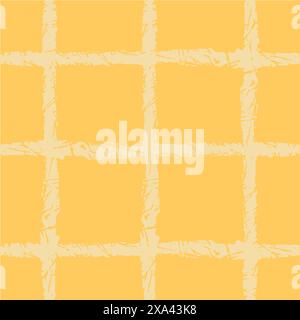Vector hand drawn crayon checkered pattern. Grunge Doodle Plaid geometrical yellow beige white brush texture. pencil Crossing lines. Abstract pattern Stock Vector