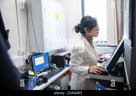 Scientist working at computer in lab of a medical practice, UK Stock Photo