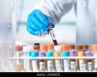 Scientist handling a blood sample in a laboratory Stock Photo