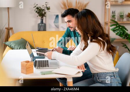 Two people working on laptops at a home office. Stock Photo