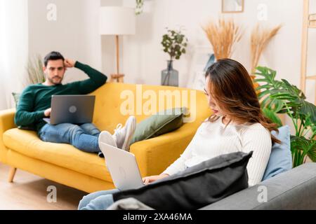 Two people working on laptops in a cozy living room. Stock Photo