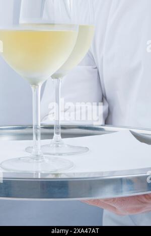 Waiter Holding Tray with Glasses of White Wine Stock Photo