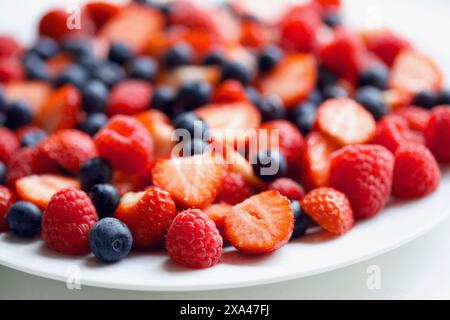 Strawberries, Raspberries and Blueberries, Close-up View Stock Photo