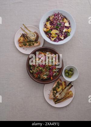 Still life view from above gourmet Mediterranean meal with spelt salad, salmon, green olives Stock Photo