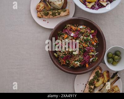 Still life view from above healthy Mediterranean meal of spelt salad with radicchio and vegetables Stock Photo