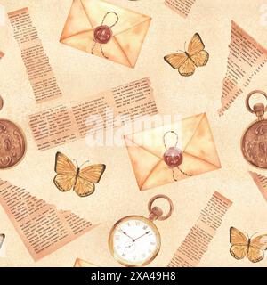 Hand-drawn watercolor illustration. Seamless pattern in vintage style with craft envelopes, antique pocket watch, butterflies and pieces of newspaper Stock Photo