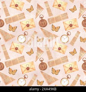 Hand-drawn watercolor illustration. Seamless pattern in vintage style with craft envelopes, antique pocket watch, butterflies and pieces of newspaper Stock Photo