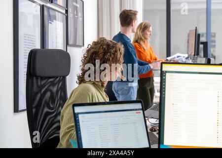 Three professionals working in a modern office space, with one focusing on a computer screen in the foreground and two colleagues discussing a document in the background. Stock Photo