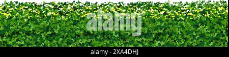 Top of green hedge with white flowers as a seamless endless pattern. Fence made of plants of boxwood shrub with leaf texture. Vector illustration isol Stock Vector