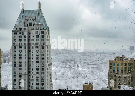 A snow-covered urban landscape with a distinctive high-rise building in the foreground and a snow-clad park in the background, snowflakes visible in the air. Stock Photo