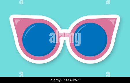 Pink sunglasses with blue lenses on a transparent background. A sticker with glasses and a shadow. Stock Vector