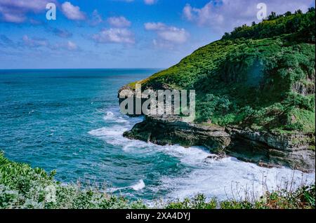 A scenic view of a lush green cliff side jutting into the ocean under a blue sky with scattered clouds. Stock Photo