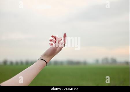 An outstretched arm reaching towards the sky with an open hand against a background of a blurred green field and a pale sky. Stock Photo