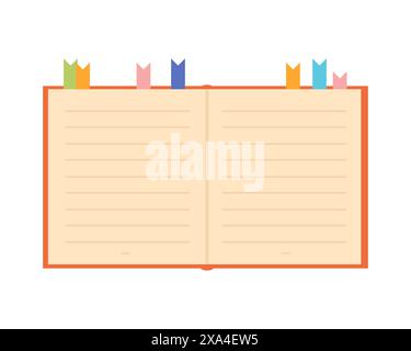 Open paper book, notebook with bookmarks for reading and studying vector illustration Stock Vector