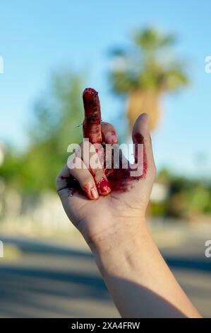 A close-up of a hand with blood on its fingers held up against a blurred background featuring a palm tree. Stock Photo