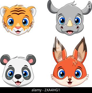 Cute animal face collection set. Tiger, Rhino, Panda and Fo Stock Vector